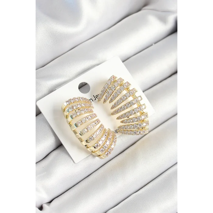 Pirinç Zirkon Taşlı Çoklu Görünümlü Model Gold Renk Kadın Küpe