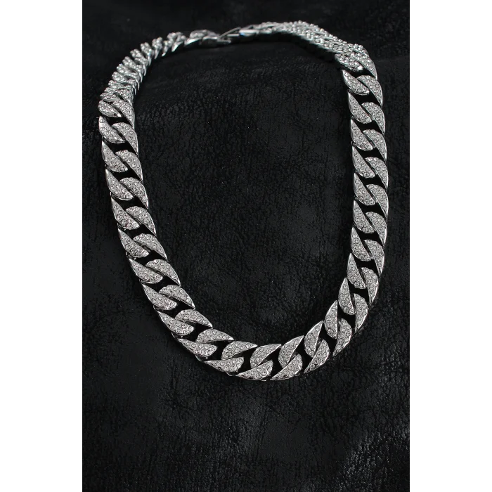 Pirinç Zirkon Taşlı Cuba Gurmet Model Gümüş Renk Erkek Kolye