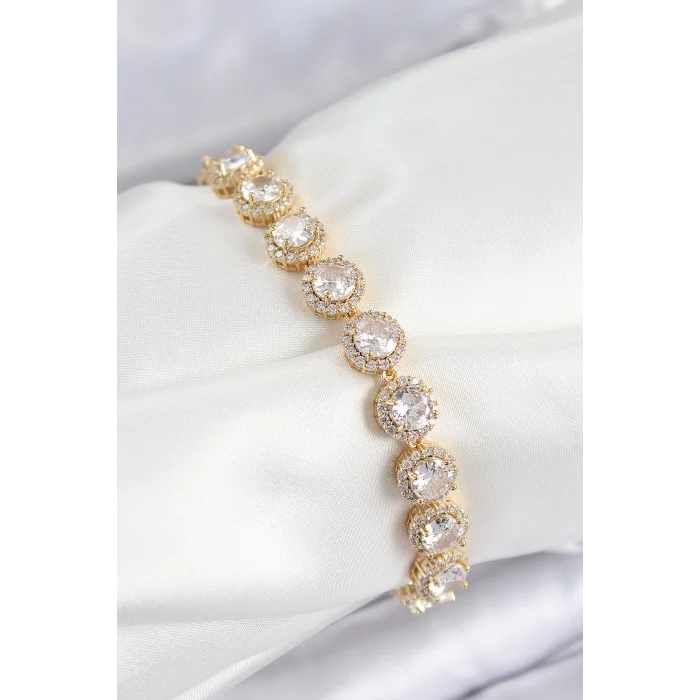 Pirinç Zirkon Taşlı Daire Baget Model Gold Renk VIP Seri Kadın Bileklik