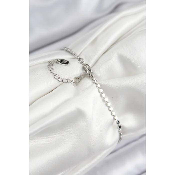 Pirinç Zirkon Taşlı Damla Model Ezme Zincir Gümüş Renk Kadın Bileklik