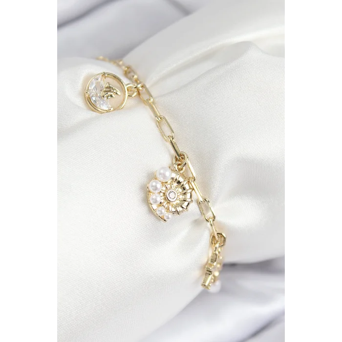 Pirinç Zirkon Taşlı Deniz Kabuğu Model Gold Renk Kadın Bileklik