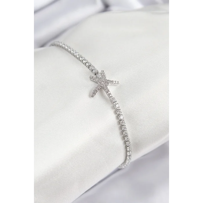 Pirinç Zirkon Taşlı Deniz Yıldızı Model Gümüş Renk Kadın Bileklik