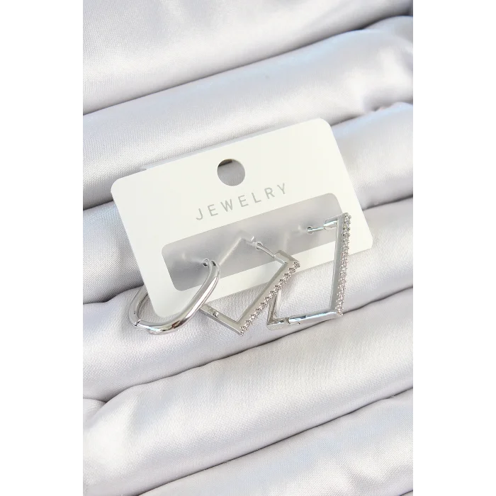 Pirinç Zirkon Taşlı Dikdörtgen Model Gümüş Renk 3lü Çift Kadın Küpe Set