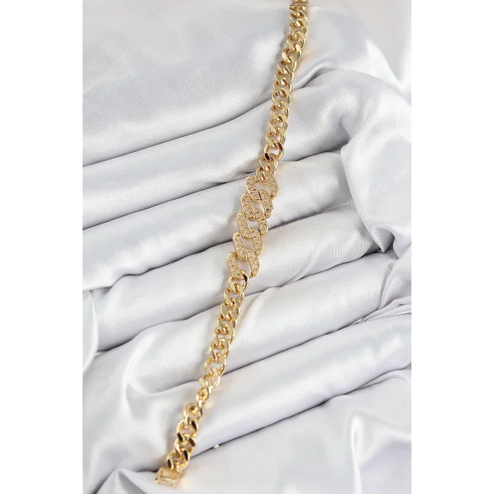 Pirinç Zirkon Taşlı Ezme Küba Zincir Model Gold Renk Kadın Bileklik