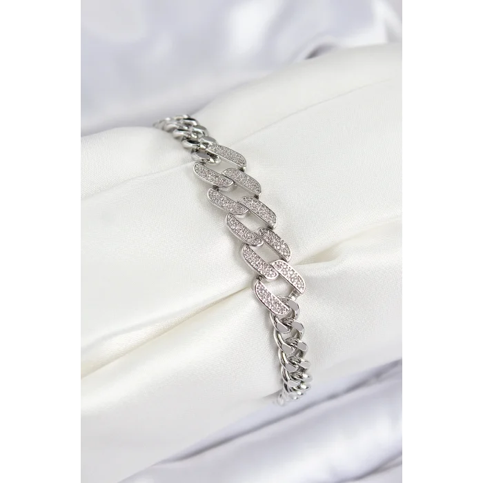 Pirinç Zirkon Taşlı Ezme Küba Zincir Model Gümüş Renk Kadın Bileklik