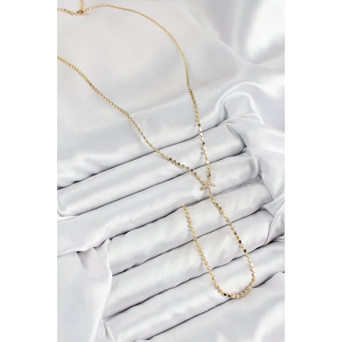 Pirinç Zirkon Taşlı Ezme Zincirli Deniz Yıldızı Model Gold Renk Y Kolye