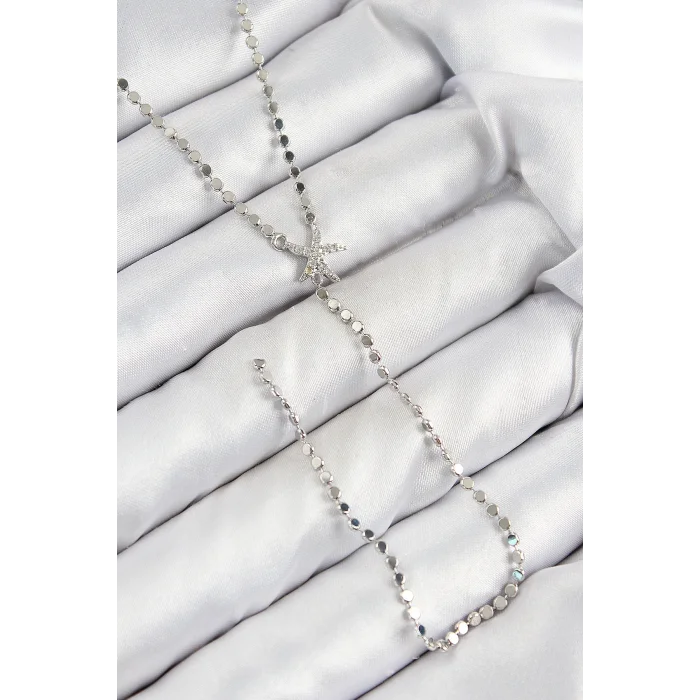 Pirinç Zirkon Taşlı Ezme Zincirli Deniz Yıldızı Model Gümüş Renk Y Kolye