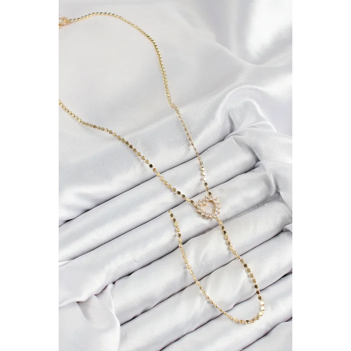 Pirinç Zirkon Taşlı Ezme Zincirli Kalp Model Gold Renk Y Kolye