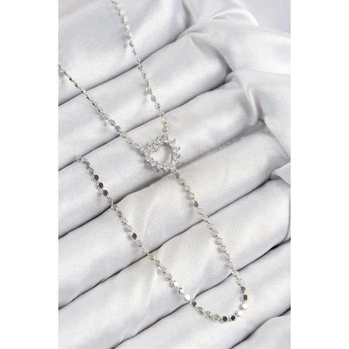 Pirinç Zirkon Taşlı Ezme Zincirli Kalp Model Gümüş Renk Y Kolye