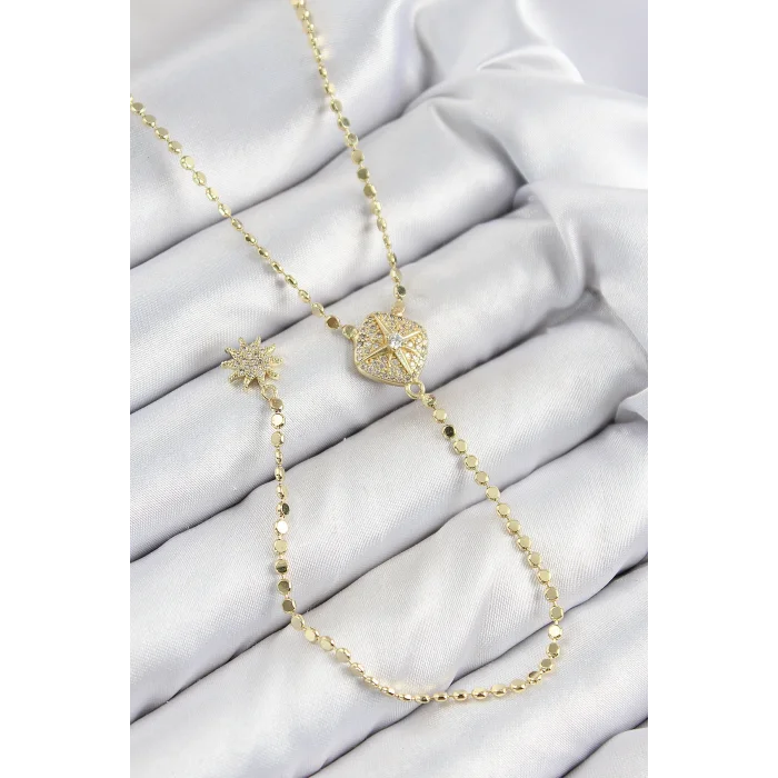 Pirinç Zirkon Taşlı Ezme Zincirli Madalyon Model Gold Renk Y Kolye
