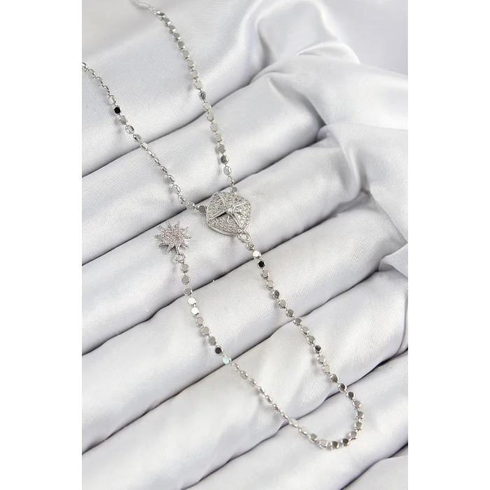 Pirinç Zirkon Taşlı Ezme Zincirli Madalyon Model Gümüş Renk Y Kolye