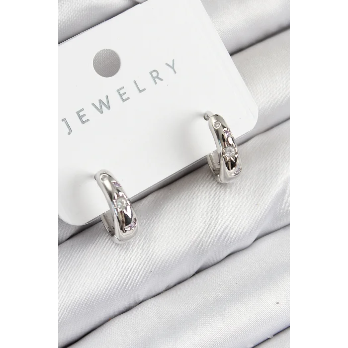 Pirinç Zirkon Taşlı Halka Model Gümüş Renk Kadın Küpe