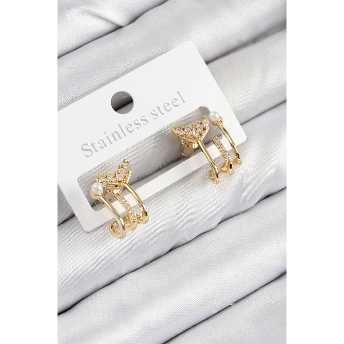 Pirinç Zirkon Taşlı İnci Detaylı Balık Kuyruğu Model Gold Renk Kadın Küpe