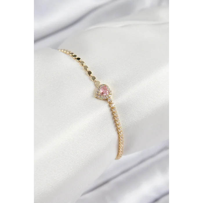 Pirinç Zirkon Taşlı Kalp Model Ezme Zincir Gold Renk Kadın Bileklik