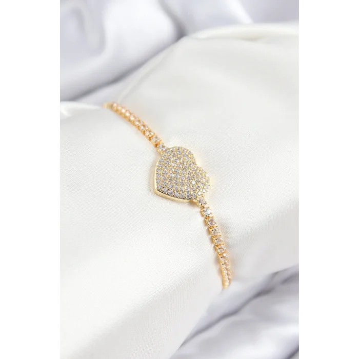 Pirinç Zirkon Taşlı Kalp Model Gold Renk Asansörlü Kadın Bileklik