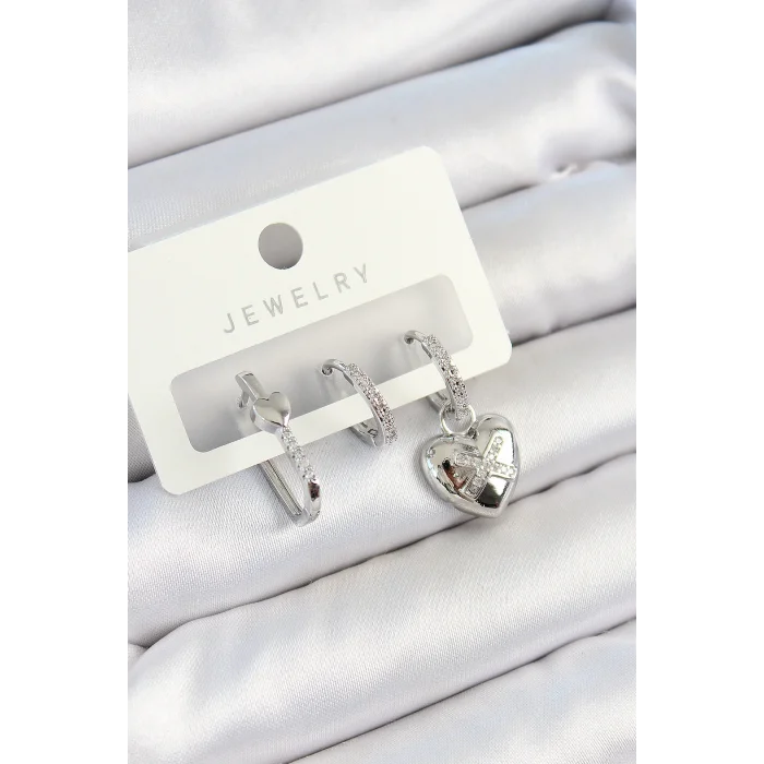 Pirinç Zirkon Taşlı Kalp Model Gümüş Renk 3lü Çift Kadın Küpe Set