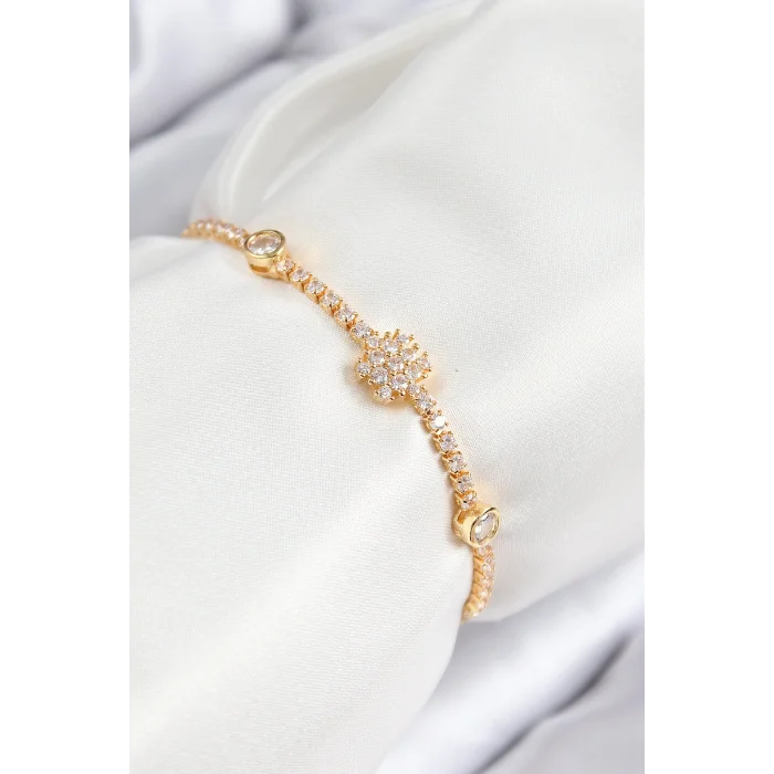Pirinç Zirkon Taşlı Kar Tanesi Model Gold Renk Asansörlü Kadın Bileklik