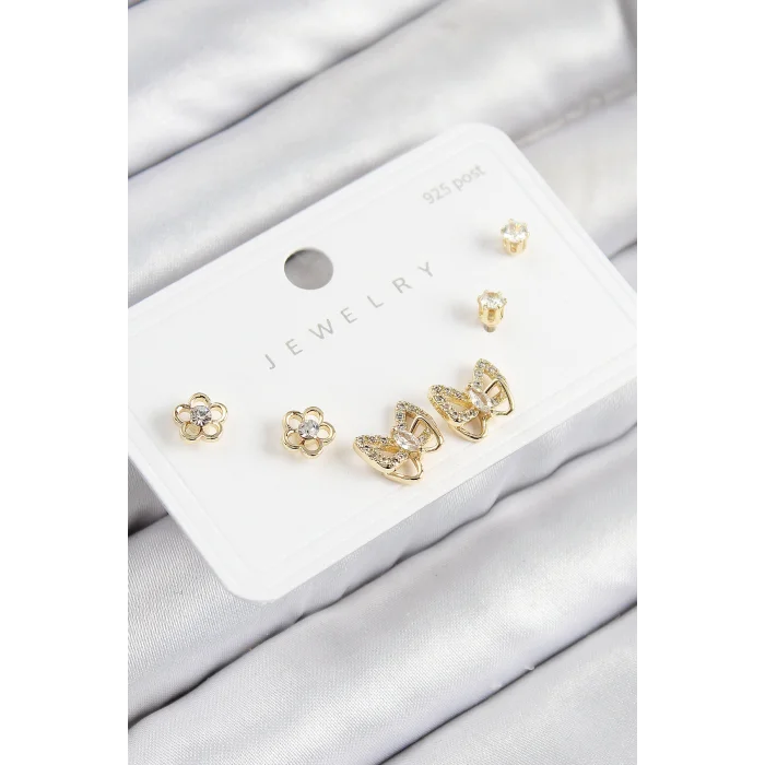 Pirinç Zirkon Taşlı Kelebek Model Gold Renk 925 Ayar Gümüş Çivi Kadın Küpe Set