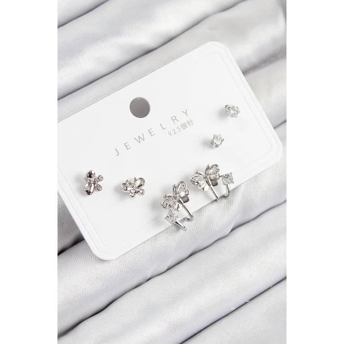 Pirinç Zirkon Taşlı Kelebek Model Gümüş Renk 925 Ayar Gümüş Çivi Kadın Küpe Set