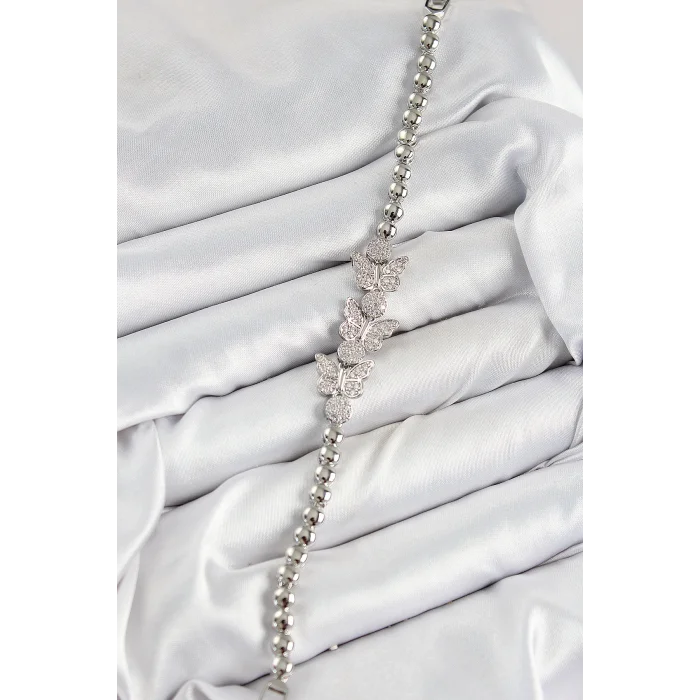 Pirinç Zirkon Taşlı Kelebek Model Gümüş Renk Kadın Bileklik