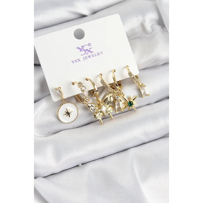 Pirinç Zİrkon Taşlı Kelebek ve Yıldız Model Gold Renk 3lü Çift Kadın Küpe