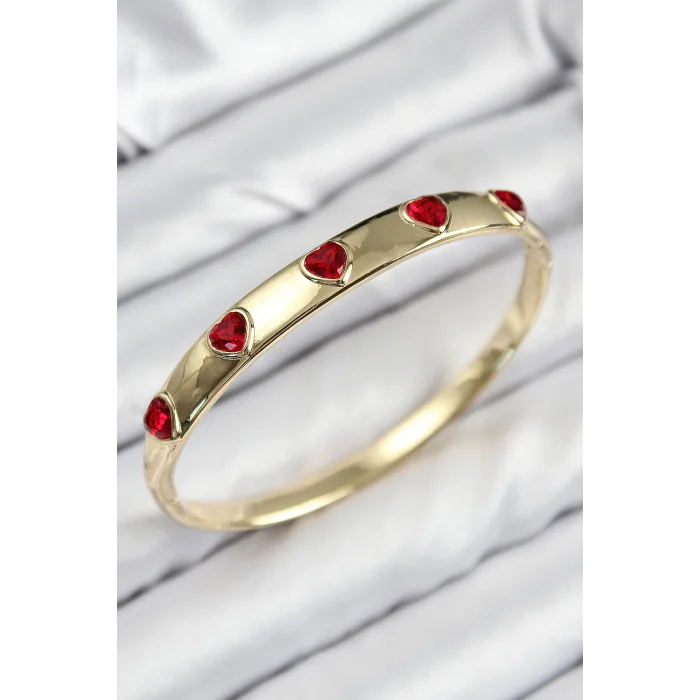 Pirinç Zirkon Taşlı Kırmızı Kalp Model Gold Renk Kadın Kelepçe