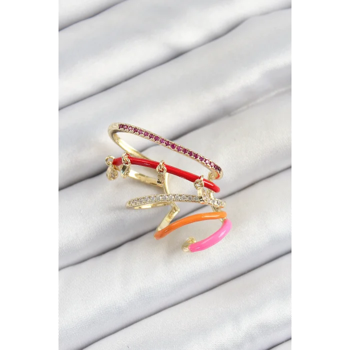 Pirinç Zirkon Taşlı Kırmızı Turuncu Pembe Sıkıştırma Sağ Kıkırdak Gold Renk Kadın Küpe