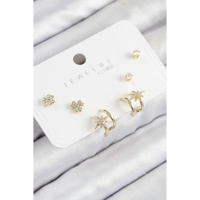 Pirinç Zirkon Taşlı Kutup Yıldızı Model Gold Renk 925 Ayar Gümüş Çivi Kadın Küpe Set