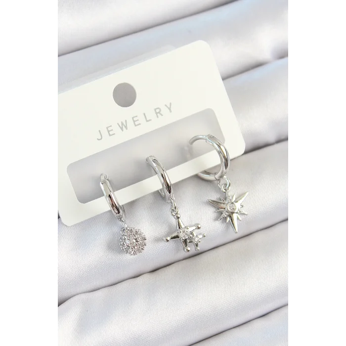 Pirinç Zirkon Taşlı Kutup Yıldızı Model Gümüş Renk 3lü Çift Kadın Küpe Set