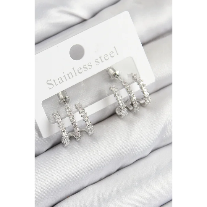 Pirinç Zirkon Taşlı Model Gümüş Renk Kadın Küpe