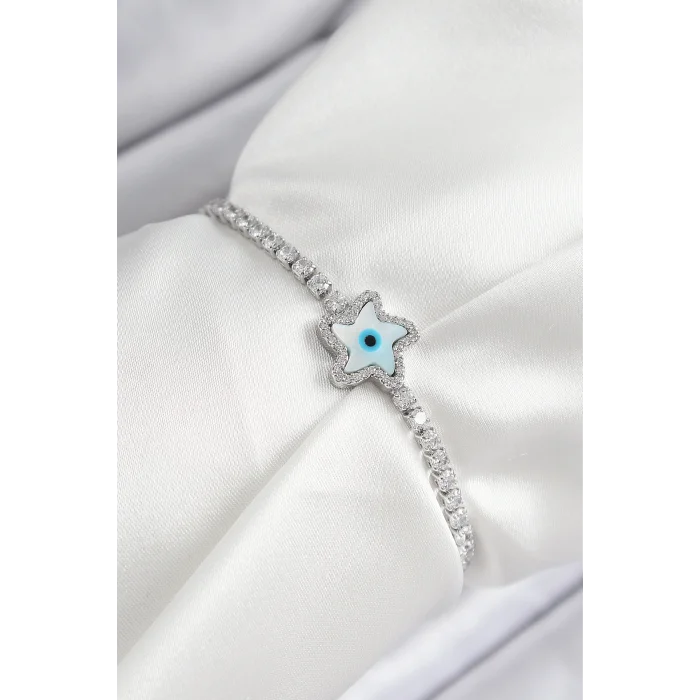 Pirinç Zirkon Taşlı Nazar Yıldız Model Gümüş Renk Asansörlü Kadın Bileklik