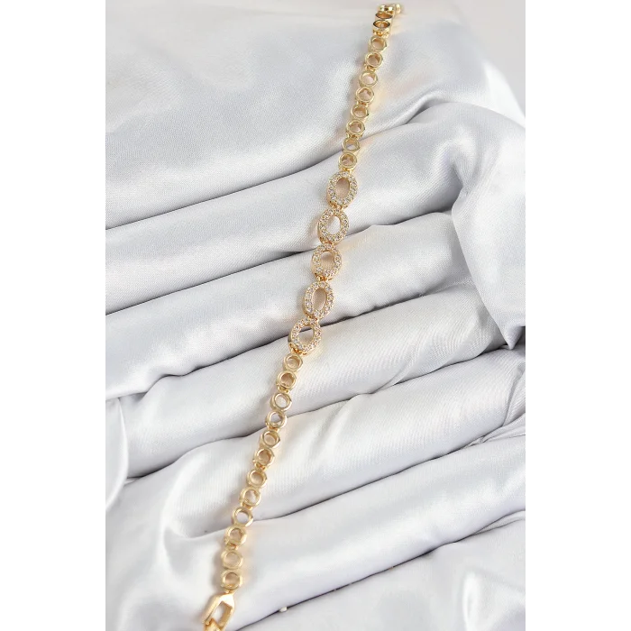 Pirinç Zirkon Taşlı Oval Model Gold Renk Kadın Bileklik