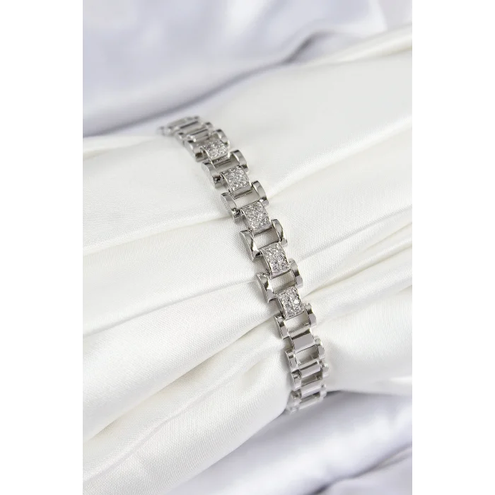 Pirinç Zirkon Taşlı Parçalı Model Gümüş Renk Kadın Bileklik