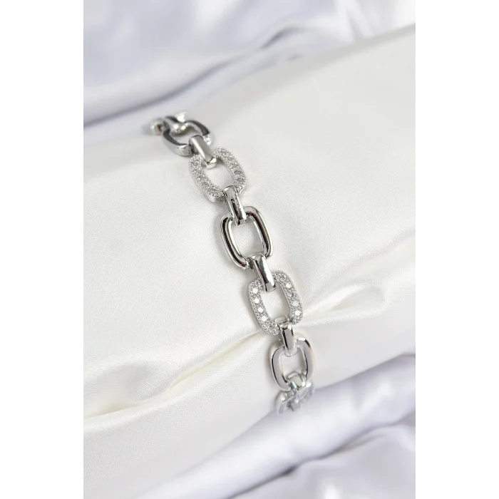 Pirinç Zirkon Taşlı Parçalı Zincir Model Gümüş Renk Kadın Bileklik