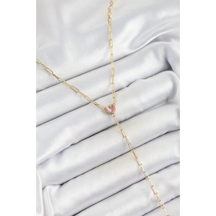 Pirinç Zirkon Taşlı Pembe Kalp Figürlü Y Model Gold Renk Kadın Kolye