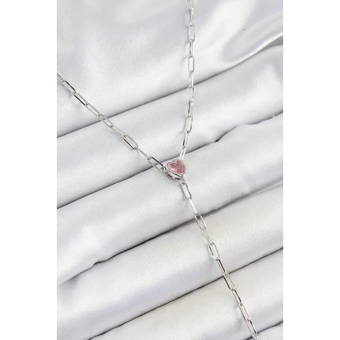 Pirinç Zirkon Taşlı Pembe Kalp Figürlü Y Model Gümüş Renk Kadın Kolye