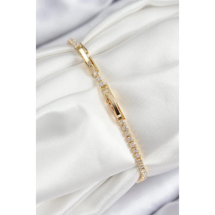 Pirinç Zirkon Taşlı Pembe Kalp Model Gold Renk Kadın Bileklik