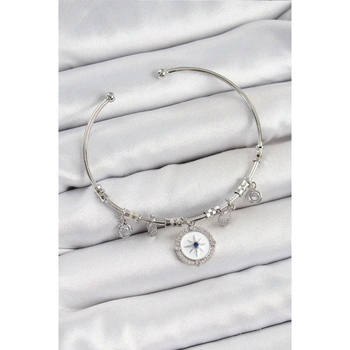Pirinç Zirkon Taşlı Pusula Model Gümüş Renk Charm Bileklik