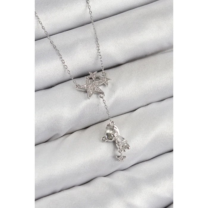 Pirinç Zirkon Taşlı Sallantılı Ayıcıklı Yıldız Model Gümüş Renk Kadın Kolye