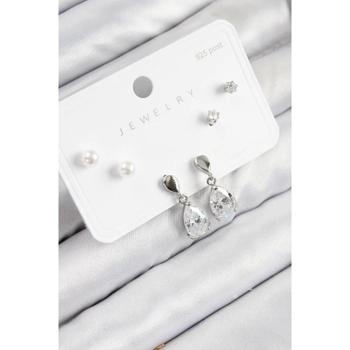 Pirinç Zirkon Taşlı Sallantılı Damla Model Gümüş Renk 925 Ayar Gümüş Çivi Kadın Küpe Set