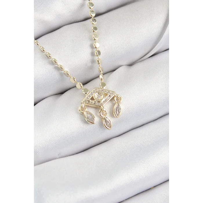 Pirinç Zirkon Taşlı Sallantılı Göz Model Ezme Zincir Gold Renk Kadın Kolye