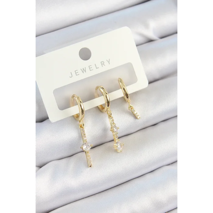 Pirinç Zirkon Taşlı Sallantılı Model Gold Renk 3lü Çift Kadın Küpe Set