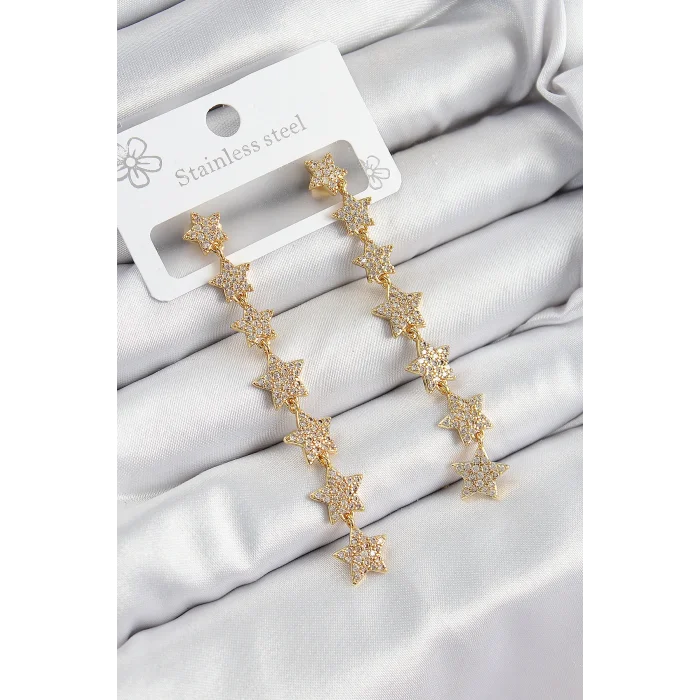 Pirinç Zirkon Taşlı Sallantılı Yıldız Model Gold Renk Kadın Küpe
