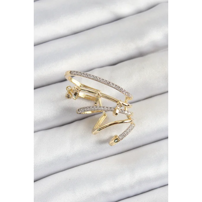 Pirinç Zirkon Taşlı Sıkıştırma Sağ Kıkırdak Gold Renk Kadın Küpe