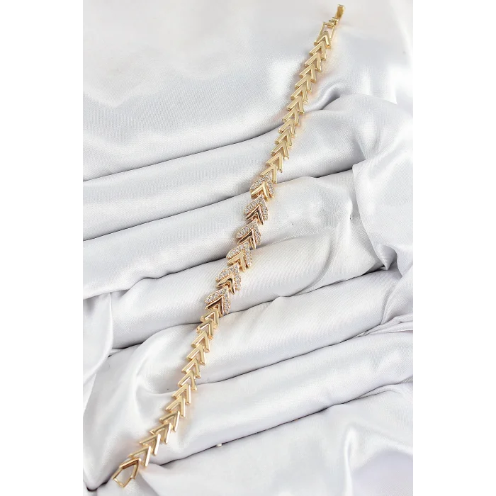 Pirinç Zirkon Taşlı Sıralı Ok Model Gold Renk Kadın Bileklik