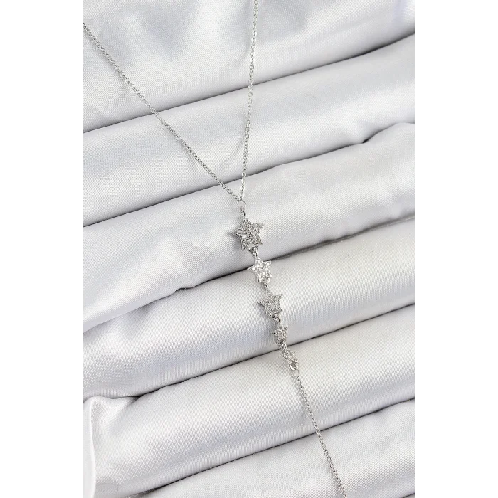 Pirinç Zirkon Taşlı Sıralı Yıldız Figürlü Y Model Gümüş Renk Kadın Kolye