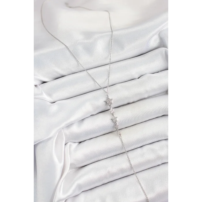 Pirinç Zirkon Taşlı Sıralı Yıldız Figürlü Y Model Gümüş Renk Kadın Kolye