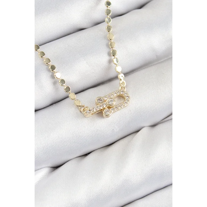 Pirinç Zirkon Taşlı Tifany Model Ezme Zincir Gold Renk Kadın Kolye