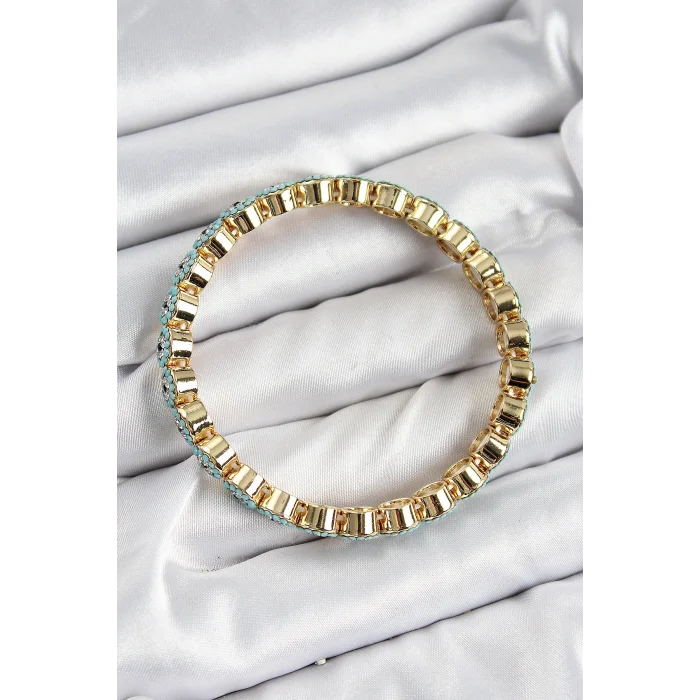 Pirinç Zirkon Taşlı Turkuaz Nazar Model Gold Renk Lastikli Kadın Bileklik