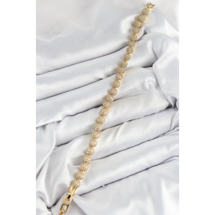 Pirinç Zirkon Taşlı Yarım Topcuk Model Gold Renk VIP Seri Kadın Bileklik